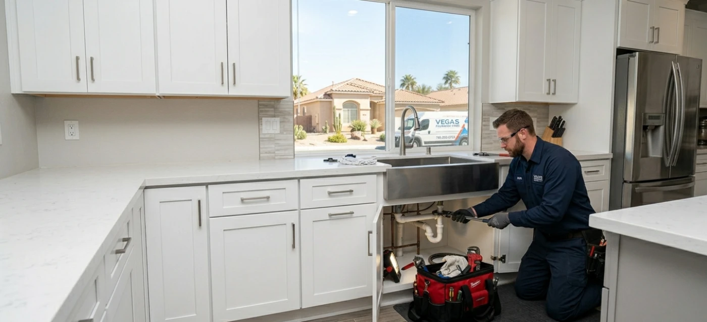 Professional plumber repairing kitchen sink in Las Vegas home
