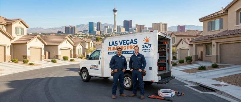 Licensed Las Vegas plumbing contractors standing next to a 24/7 emergency service truck with the city skyline in the background.