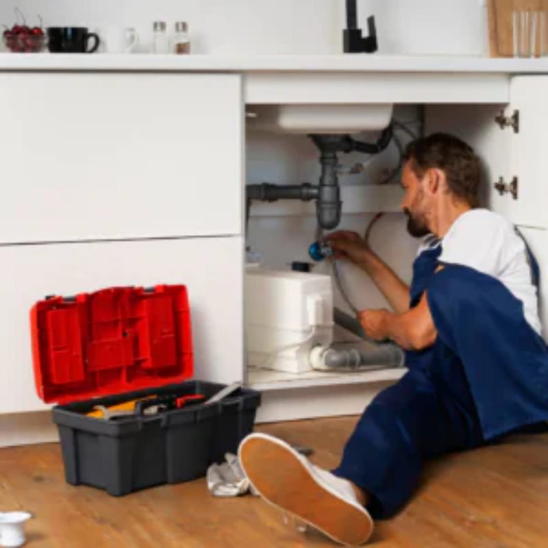 Licensed plumbing contractor clearing a clogged drain under a kitchen sink